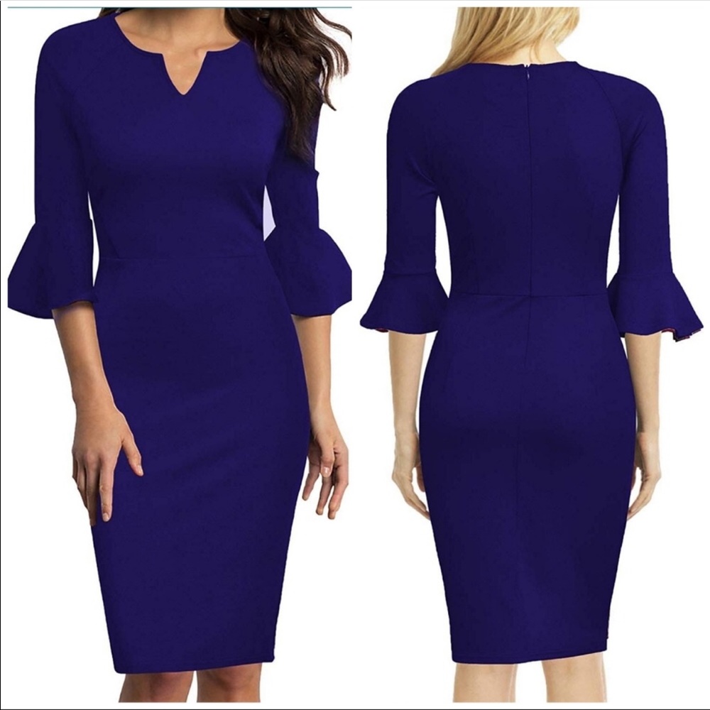 WOOSUNZE bodycon BLACK fitted dress bell sleeve  M